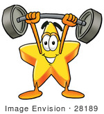 #28189 Clip Art Graphic Of A Yellow Star Cartoon Character Holding A Heavy Barbell Above His Head