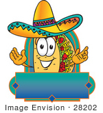 #28202 Clip Art Graphic Of A Crunchy Hard Taco Character Wearing A Sombrero On A Blank Label