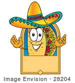 #28204 Clip Art Graphic Of A Crunchy Hard Taco Character Wearing A Sombrero On A Blank Tan Label