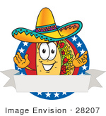 #28207 Clip Art Graphic Of A Crunchy Hard Taco Character Wearing A Sombrero Over A Blank White Banner With A Red Background And Stars Over Blue On A Logo