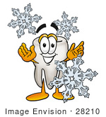 #28210 Clip Art Graphic Of A Human Molar Tooth Character With Three Snowflakes In Winter