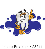 #28211 Clip Art Graphic Of A Human Molar Tooth Character Pointing Upwards While Standing In Front Of A Blue Paint Splatter On A Logo