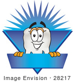 #28217 Clip Art Graphic Of A Human Molar Tooth Character Over A Blank Blue Label With A Burst