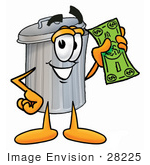#28225 Clip Art Graphic Of A Metal Trash Can Cartoon Character Holding A Dollar Bill