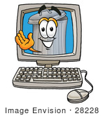 #28228 Clip Art Graphic Of A Metal Trash Can Cartoon Character Waving From Inside A Computer Screen