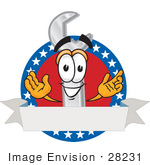 #28231 Clip Art Graphic Of A Wrench Tool Character On A Blank American Logo Label With Stars
