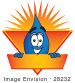 #28232 Clip Art Graphic Of A Blue Waterdrop Or Tear Character On A Blank Sunburst Label