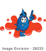 #28233 Clip Art Graphic Of A Blue Waterdrop Or Tear Character Pointing Upwards And Standing In Front Of A Red Paint Splatter On A Logo