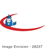 #28237 Clip Art Graphic Of A Blue Waterdrop Or Tear Character Waving And Standing Behind A Red Dash On An Employee Nametag Or Business Logo