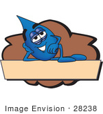 #28238 Clip Art Graphic Of A Blue Waterdrop Or Tear Character Reclining On A Blank Tan Label