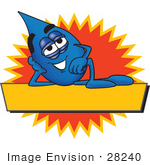 #28240 Clip Art Graphic Of A Blue Waterdrop Or Tear Character Reclining Over A Blank Yellow Banner In Front Of A Burst On A Label