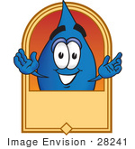 #28241 Clip Art Graphic Of A Blue Waterdrop Or Tear Character Over A Blank Tan Label