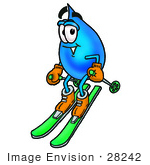 #28242 Clip Art Graphic Of A Blue Waterdrop Or Tear Character Skiing Downhill