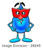 #28245 Clip Art Graphic Of A Blue Waterdrop Or Tear Character Wearing A Red Mask Over His Face