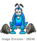 #28246 Clip Art Graphic Of A Blue Waterdrop Or Tear Character Lifting A Heavy Barbell
