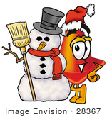 #28367 Clip Art Graphic Of A Construction Traffic Cone Cartoon Character With A Snowman On Christmas