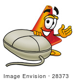 #28373 Clip Art Graphic Of A Construction Traffic Cone Cartoon Character With A Computer Mouse