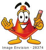 #28374 Clip Art Graphic Of A Construction Traffic Cone Cartoon Character Holding A Pencil