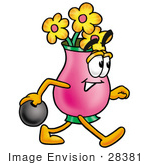 #28381 Clip Art Graphic Of A Pink Vase And Yellow Flowers Cartoon Character Holding A Bowling Ball