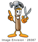 #28387 Clip Art Graphic Of A Hammer Tool Cartoon Character Holding A Pair Of Scissors