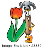#28389 Clip Art Graphic Of A Hammer Tool Cartoon Character With A Red Tulip Flower In The Spring