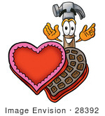 #28392 Clip Art Graphic Of A Hammer Tool Cartoon Character With An Open Box Of Valentines Day Chocolate Candies