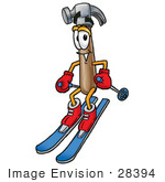 #28394 Clip Art Graphic Of A Hammer Tool Cartoon Character Skiing Downhill