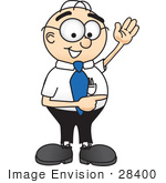 #28400 Clip Art Graphic Of A Geeky Caucasian Businessman Cartoon Character Waving And Pointing
