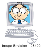 #28402 Clip Art Graphic Of A Geeky Caucasian Businessman Cartoon Character Inside A Computer Screen