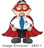#28411 Clip Art Graphic Of A Geeky Caucasian Businessman Cartoon Character Dressed As A Super Hero