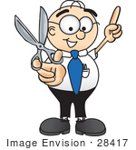 #28417 Clip Art Graphic Of A Geeky Caucasian Businessman Cartoon Character Holding A Pair Of Scissors