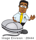 #28444 Clip Art Graphic Of A Geeky African American Businessman Cartoon Character With A Computer Mouse