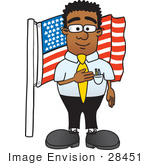 #28451 Clip Art Graphic Of A Geeky African American Businessman Cartoon Character Pledging Allegiance To An American Flag