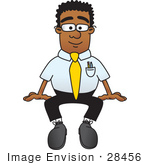 #28456 Clip Art Graphic Of A Geeky African American Businessman Cartoon Character Sitting