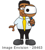 #28463 Clip Art Graphic Of A Geeky African American Businessman Cartoon Character Looking Through A Magnifying Glass