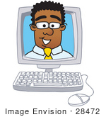 #28472 Clip Art Graphic Of A Geeky African American Businessman Cartoon Character Inside A Computer Screen