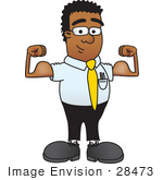 #28473 Clip Art Graphic Of A Geeky African American Businessman Cartoon Character Flexing His Arm Muscles