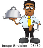 #28480 Clip Art Graphic Of A Geeky African American Businessman Cartoon Character Serving A Platter