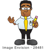 #28481 Clip Art Graphic Of A Geeky African American Businessman Cartoon Character Holding A Pencil
