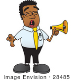 #28485 Clip Art Graphic Of A Geeky African American Businessman Cartoon Character Screaming Into A Megaphone
