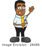#28486 Clip Art Graphic Of A Geeky African American Businessman Cartoon Character Waving And Pointing