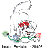 #28956 Cartoon Clip Art Graphic Of A Bichon Frise Dog Playing With Colorful Christmas Lights