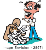 #28971 Cartoon Clip Art Graphic Of A Frustrated Man Sweating And Turning Red While Trying To Get His Newspaper From His Stubborn Dog