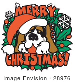#28976 Cartoon Clip Art Graphic Of A Christmas St Bernard Dog Wearing A Santa Hat