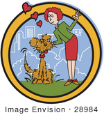#28984 Cartoon Clip Art Graphic Of A Gentle Woman And Dog In A City Park