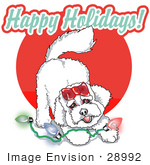 #28992 Cartoon Clip Art Graphic Of A Playful Bichon Frise Dog With Christmas Lights