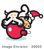 #29005 Royalty-Free Cartoon Clip Art Of A Cute Dog Wearing A Santa Hat And Lying On A Red Christmas Bauble Ornament