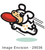 #29036 Royalty-Free Cartoon Clip Art Of An Active Dog Jumping And Catching A Red Frisbee