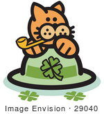 #29040 Royalty-Free Cartoon Clip Art Of An Orange Cat On A Clover St Patrick’S Day Hat Smoking A Pipe