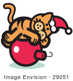 #29051 Royalty-Free Cartoon Clip Art Of An Orange Cat Wearing A Santa Hat And Lying On A Red Christmas Bauble Ornament